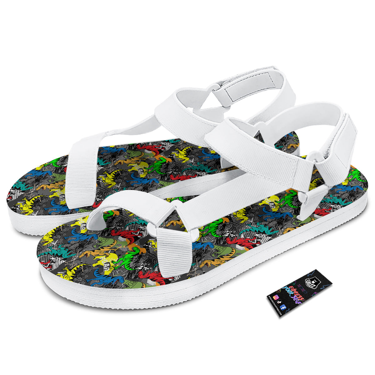 Tyrannosaurus Rex Colorful Print White Open Toe Sandals-grizzshop