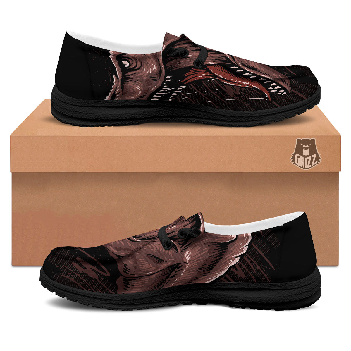 Tyrannosaurus Rex Head Print Black Loafers-grizzshop