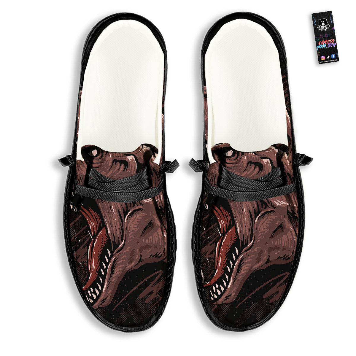 Tyrannosaurus Rex Head Print Black Loafers-grizzshop