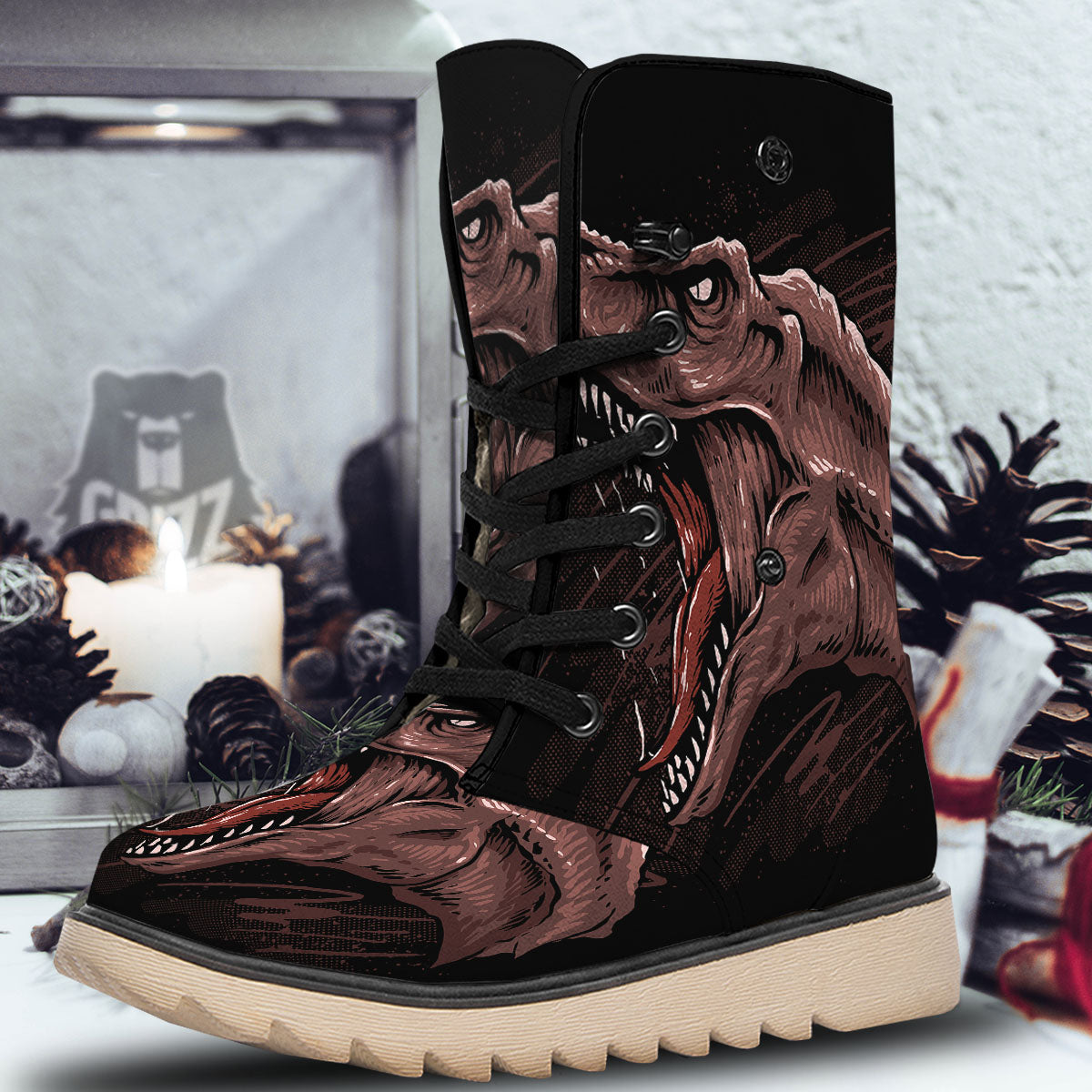 Tyrannosaurus Rex Head Print Snow Boots-grizzshop