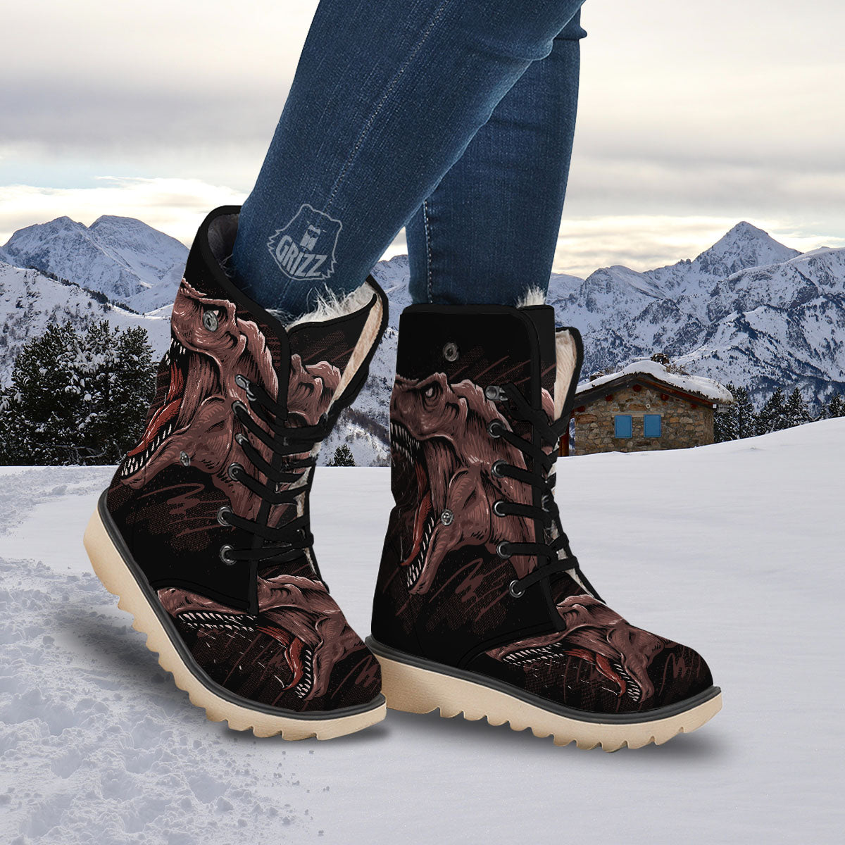 Tyrannosaurus Rex Head Print Snow Boots-grizzshop