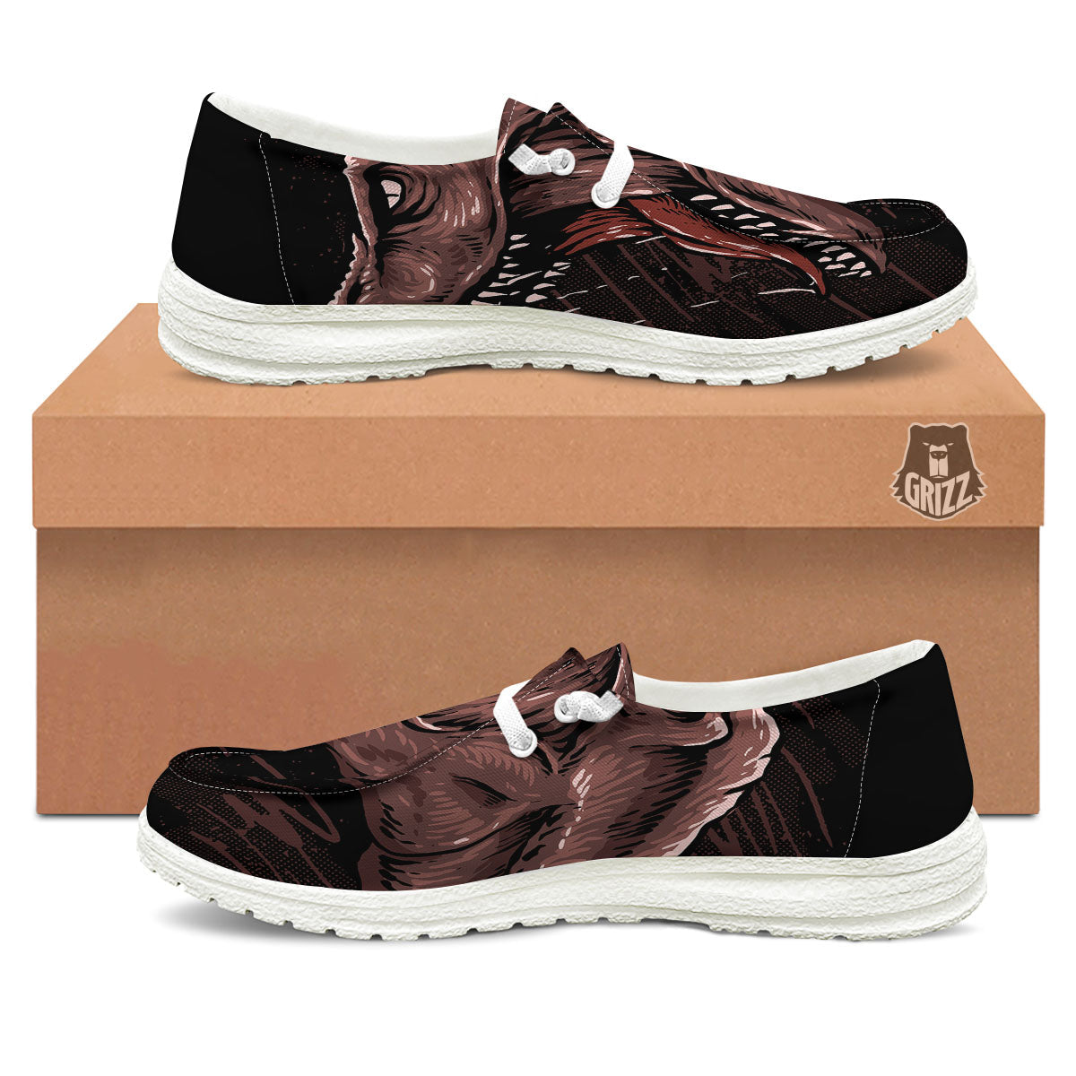 Tyrannosaurus Rex Head Print White Loafers-grizzshop