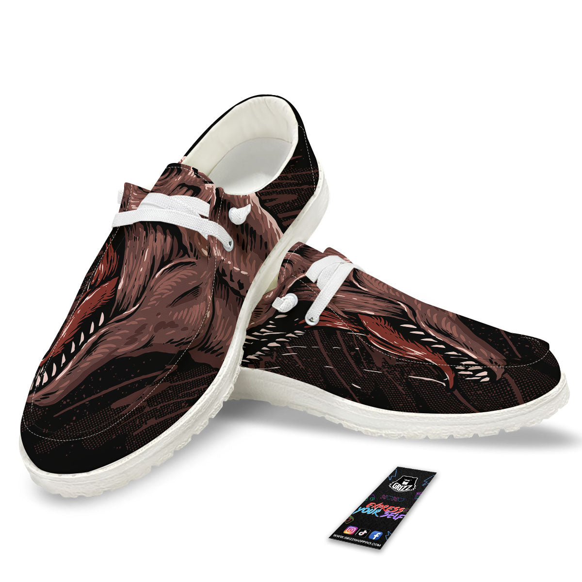 Tyrannosaurus Rex Head Print White Loafers-grizzshop