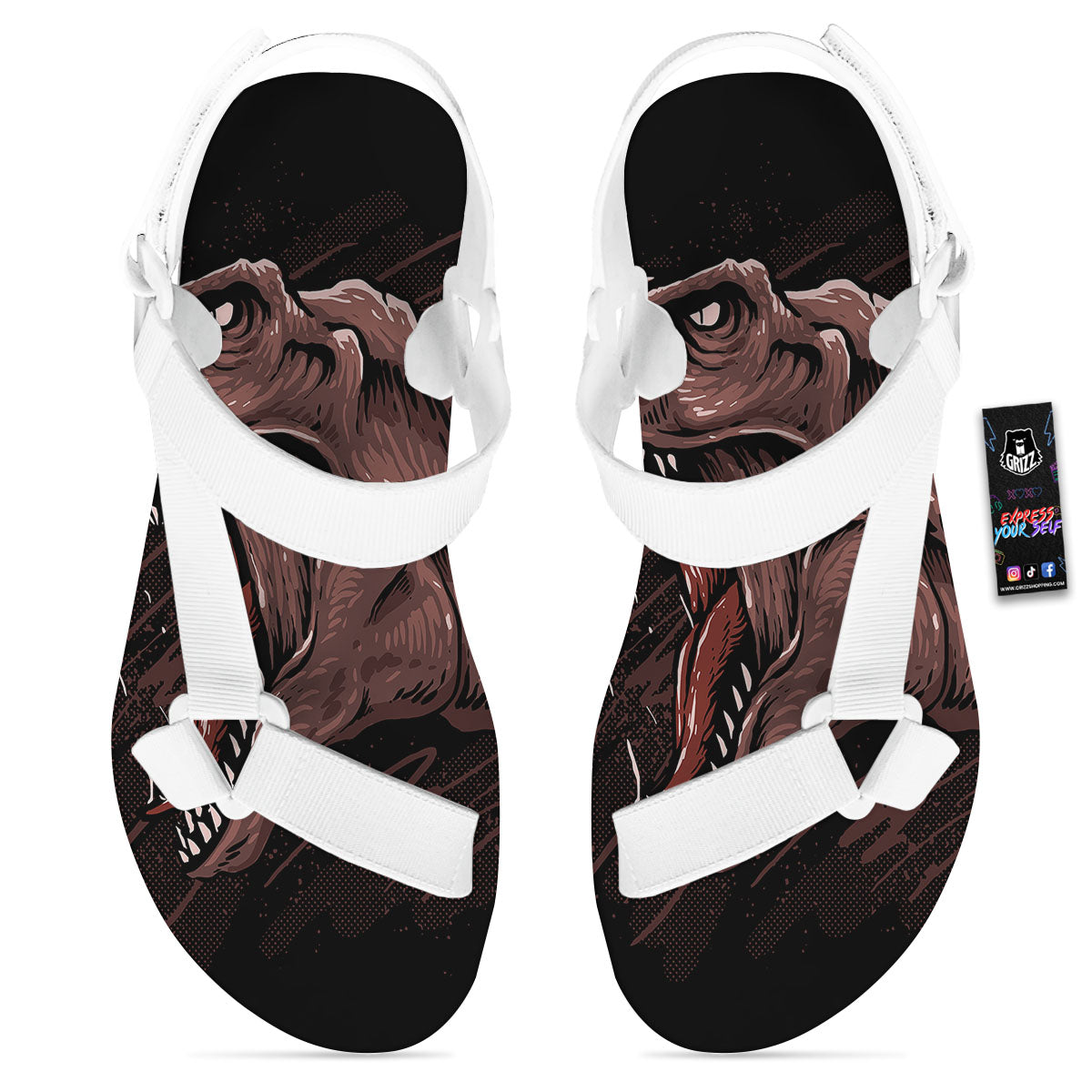 Tyrannosaurus Rex Head Print White Open Toe Sandals-grizzshop