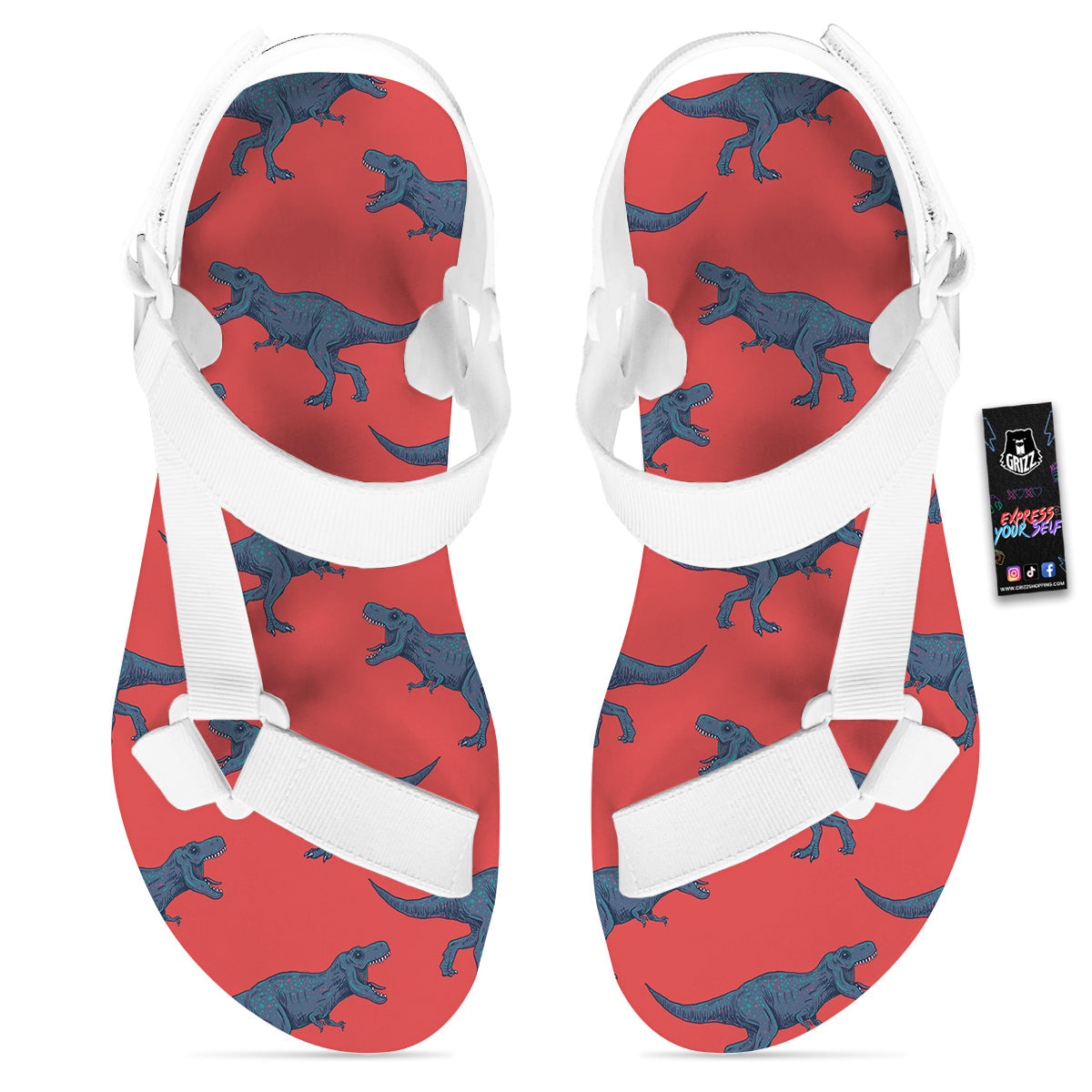 Tyrannosaurus Rex Print Pattern White Open Toe Sandals-grizzshop