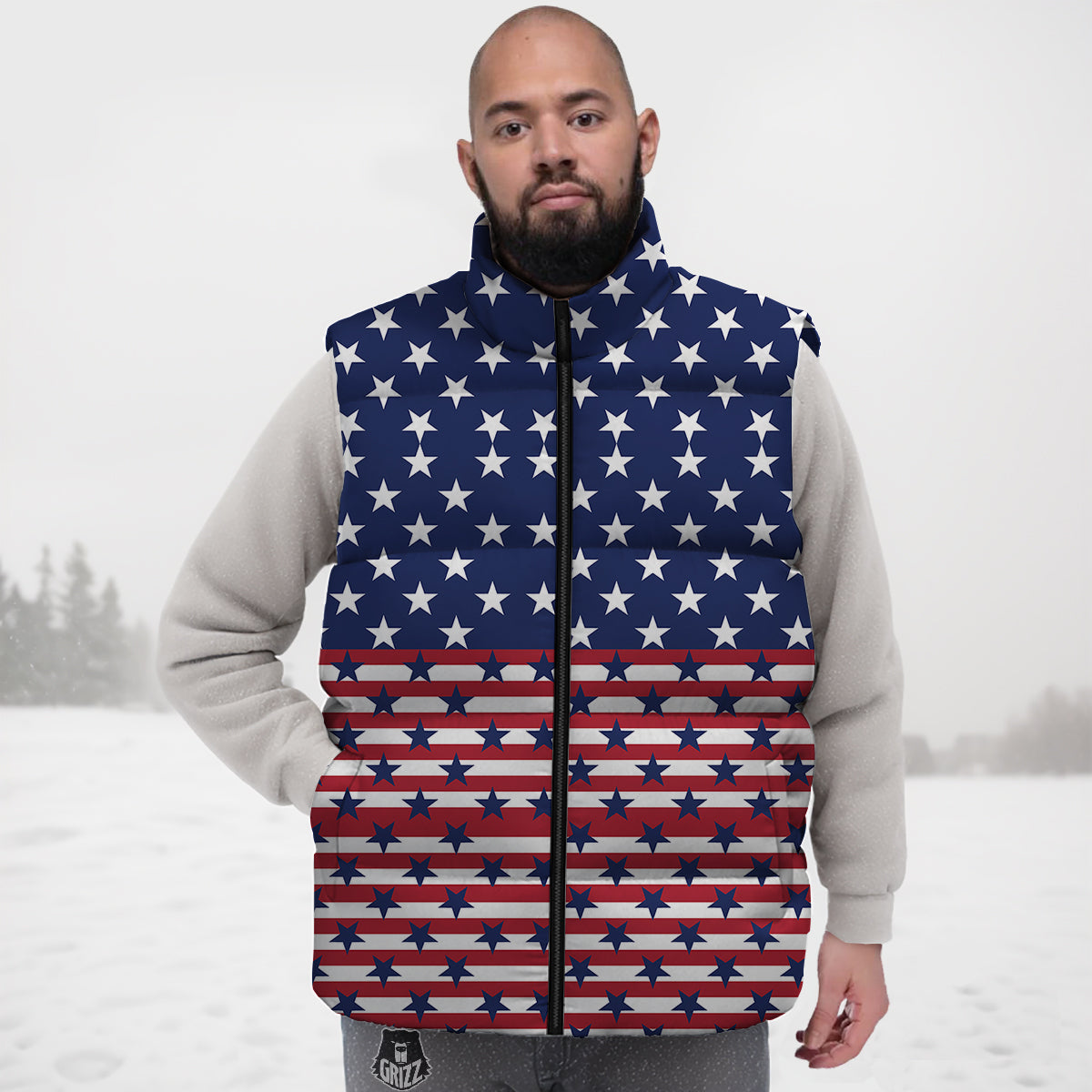 U S A Blue And White Star Print Pattern Down Vest