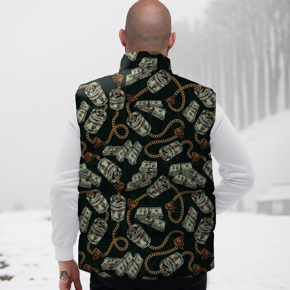 U S Dollar Print Pattern Down Vest