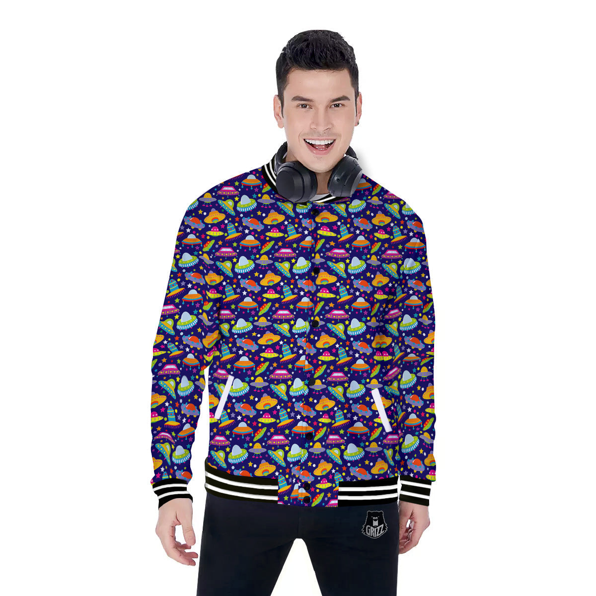 UFO Colorful Print Pattern Baseball Jacket-grizzshop