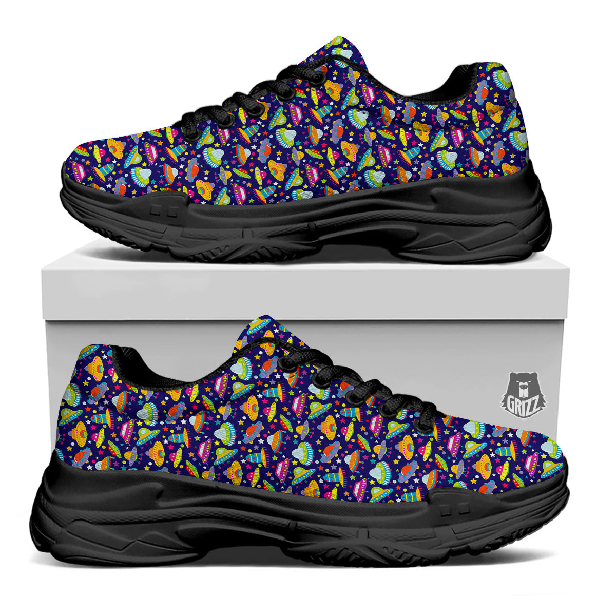 UFO Colorful Print Pattern Black Chunky Shoes-grizzshop