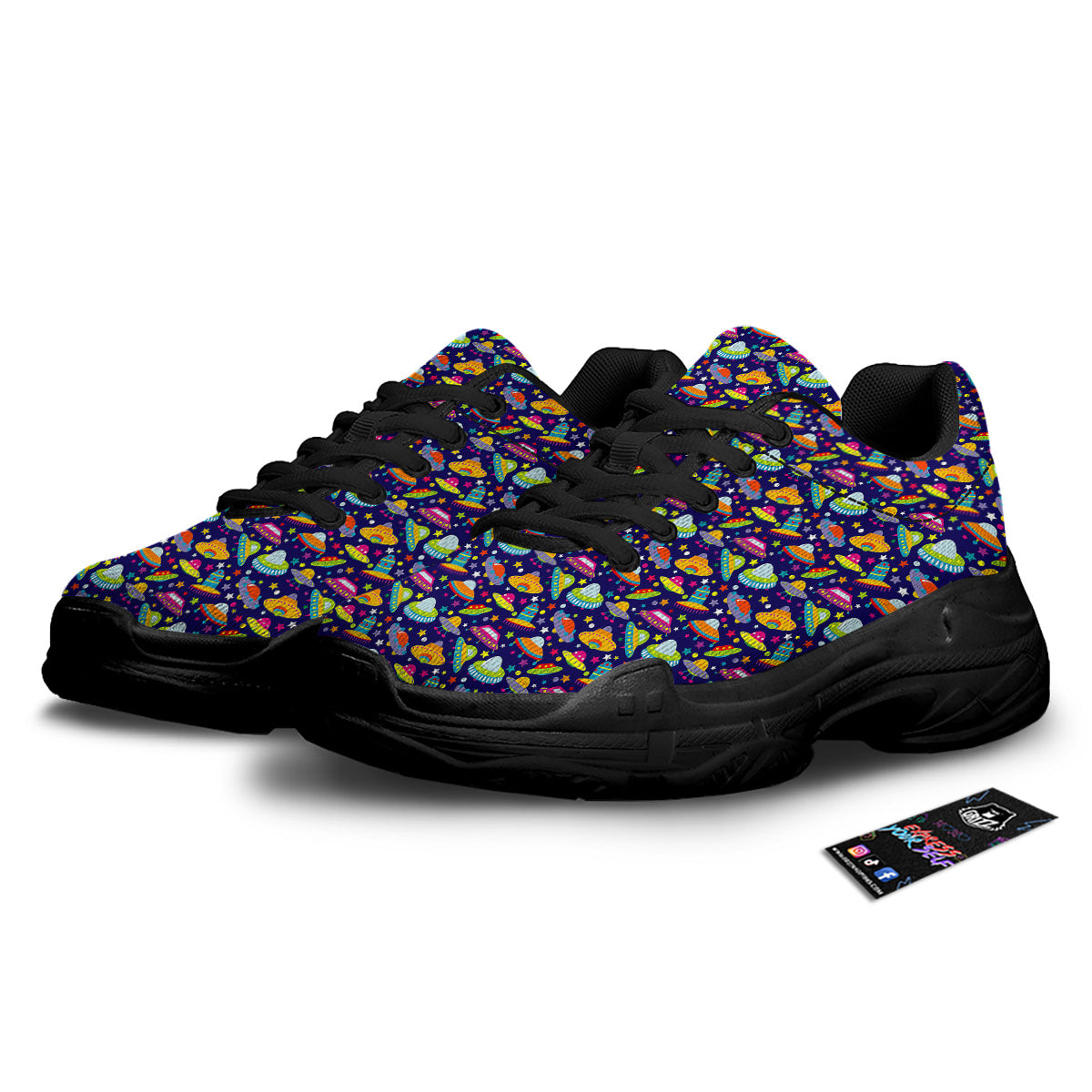 UFO Colorful Print Pattern Black Chunky Shoes-grizzshop