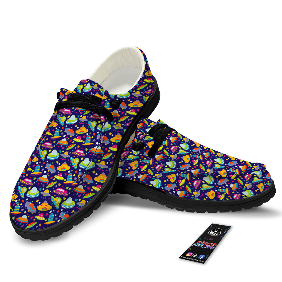 UFO Colorful Print Pattern Black Loafers-grizzshop