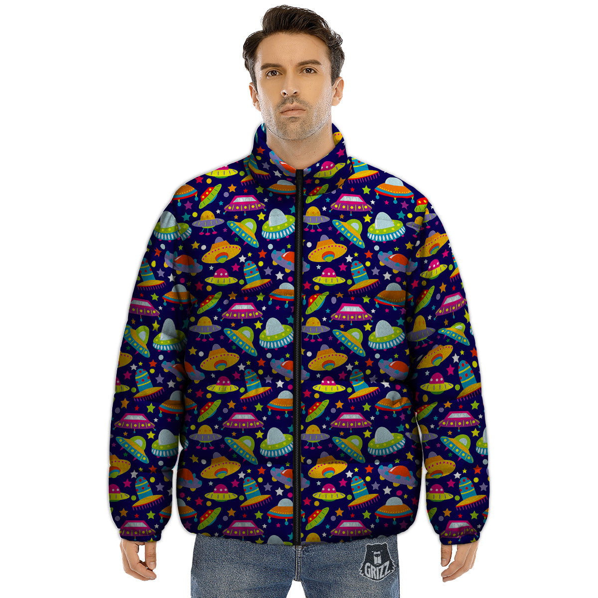 UFO Colorful Print Pattern Puffer Jacket-grizzshop