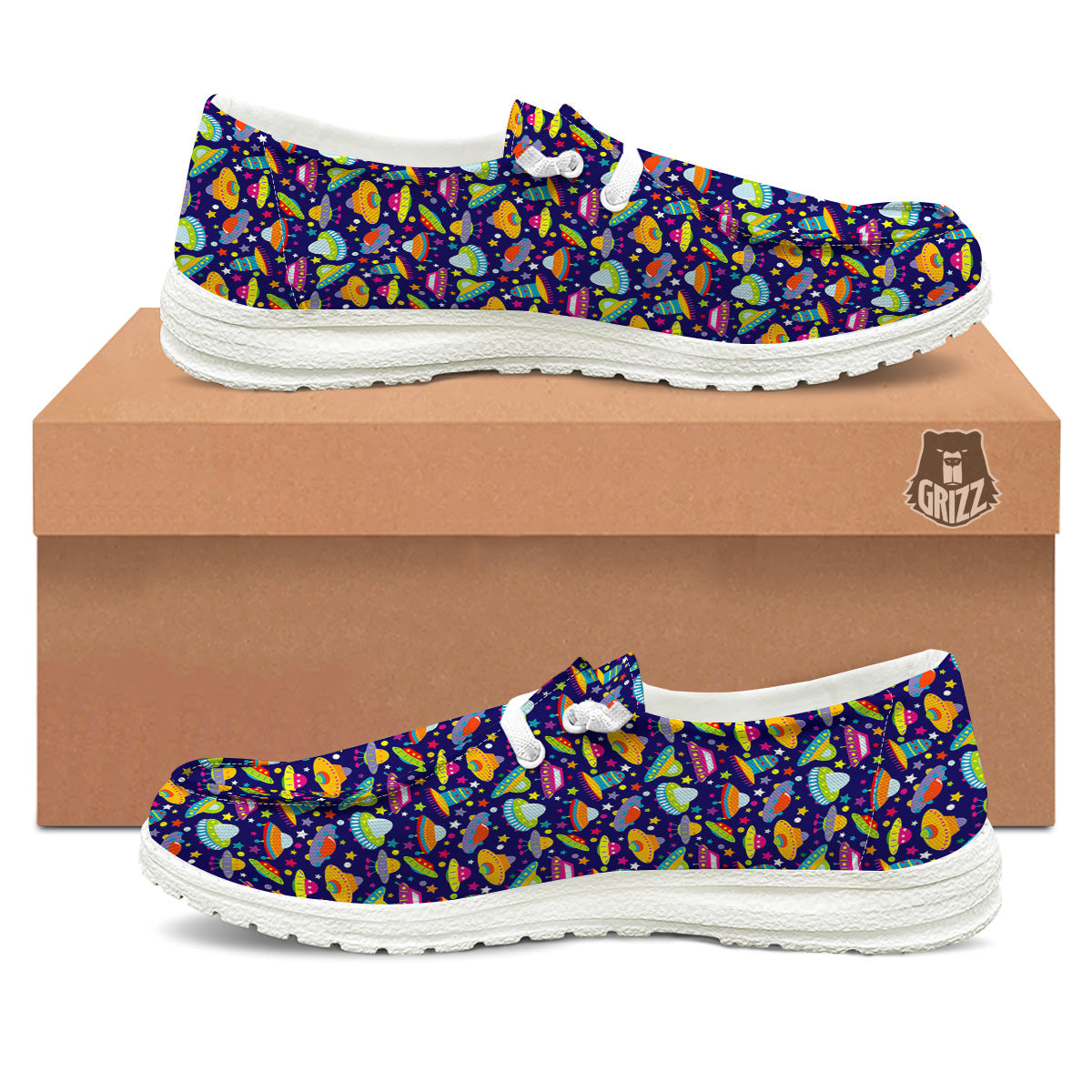 UFO Colorful Print Pattern White Loafers-grizzshop