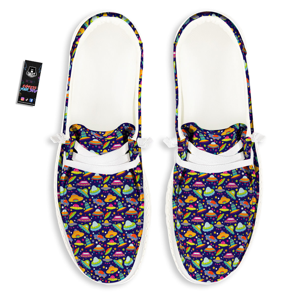 UFO Colorful Print Pattern White Loafers-grizzshop