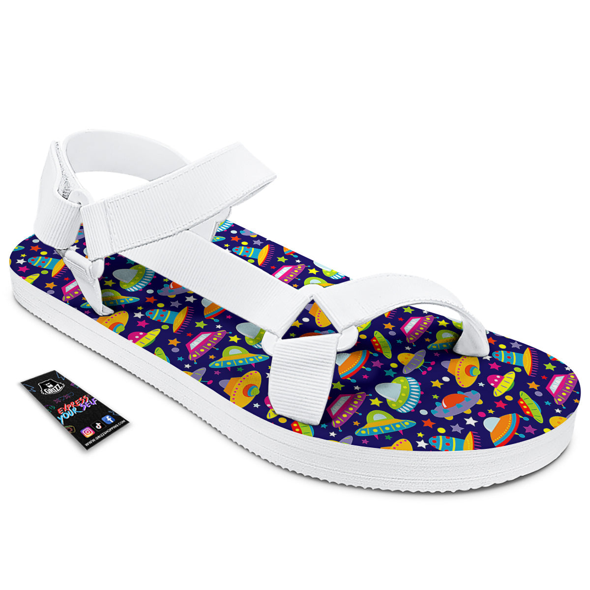 UFO Colorful Print Pattern White Open Toe Sandals-grizzshop