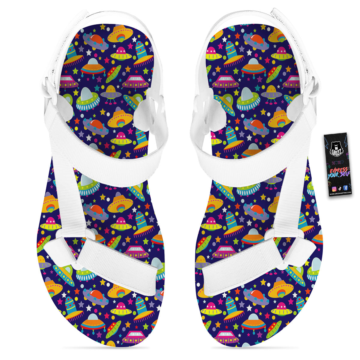 UFO Colorful Print Pattern White Open Toe Sandals-grizzshop