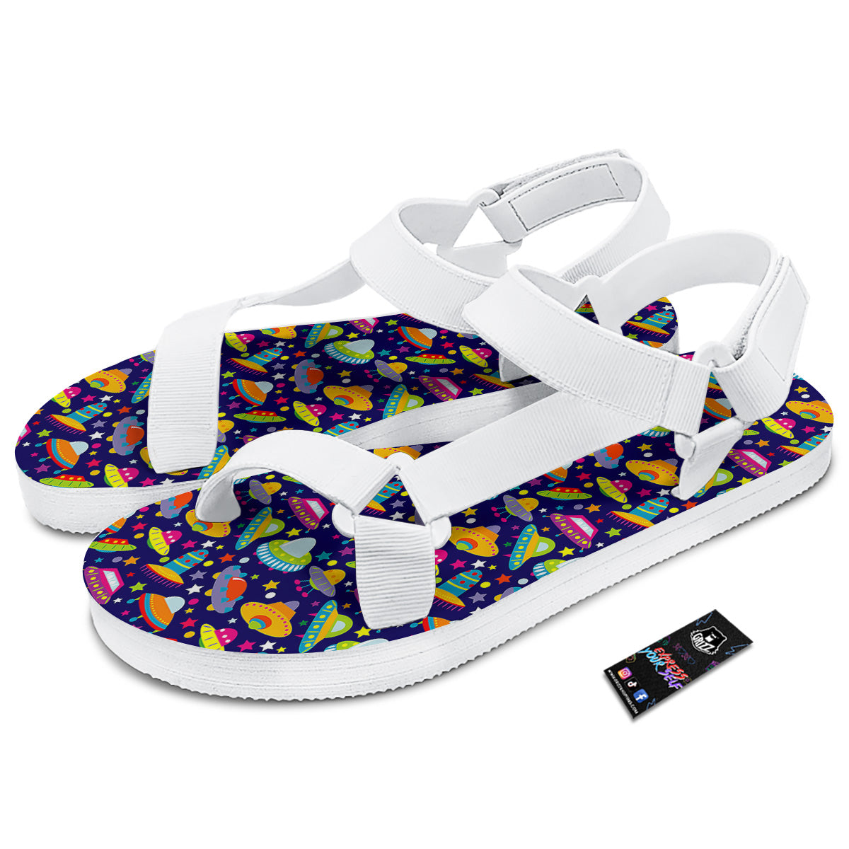 UFO Colorful Print Pattern White Open Toe Sandals-grizzshop