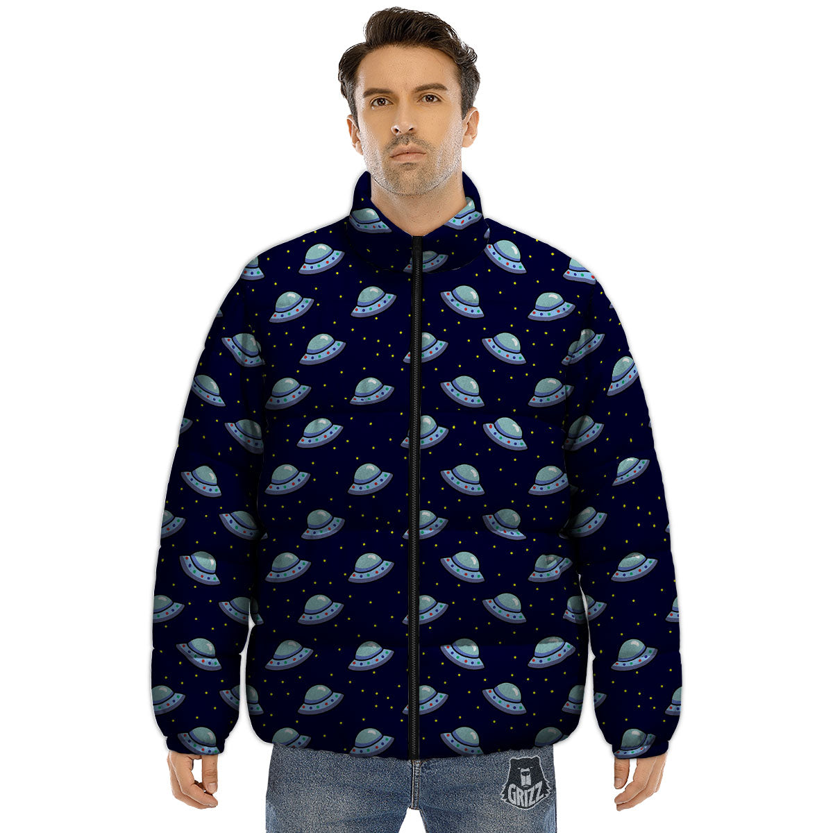 UFO Galaxy Print Pattern Puffer Jacket-grizzshop