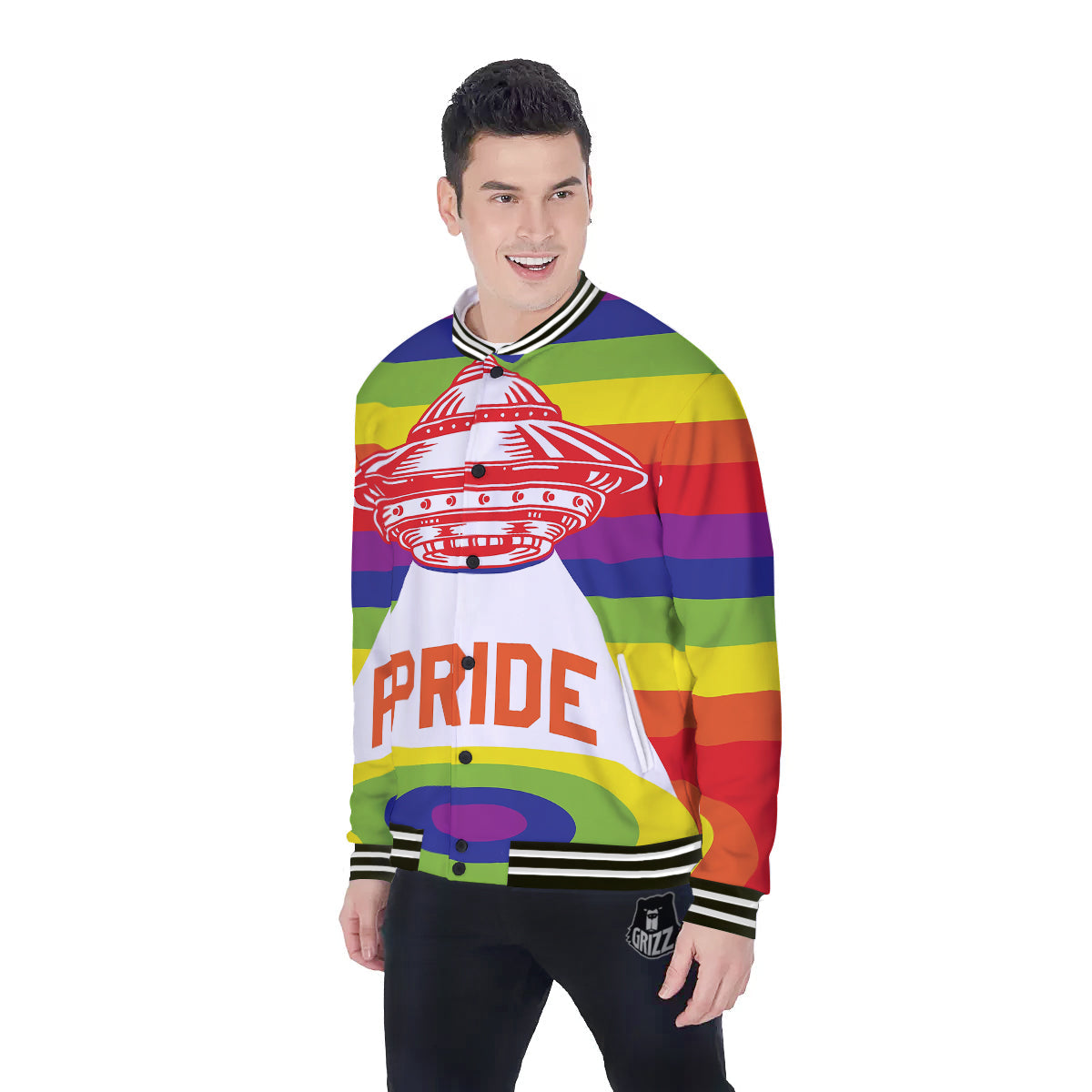 UFO LGBT Pride Rainbow Print Baseball Jacket-grizzshop