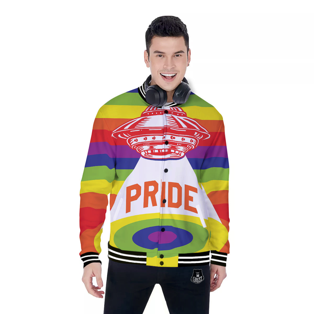 UFO LGBT Pride Rainbow Print Baseball Jacket-grizzshop