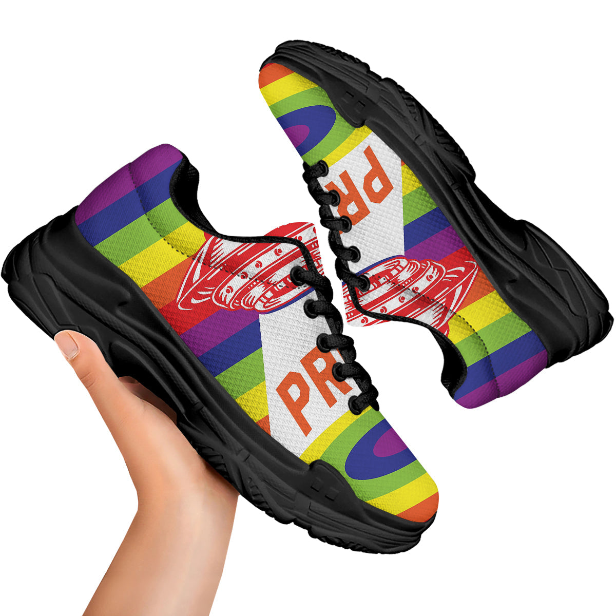 UFO LGBT Pride Rainbow Print Black Chunky Shoes-grizzshop