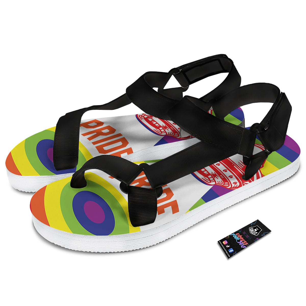 UFO LGBT Pride Rainbow Print Black Open Toe Sandals-grizzshop