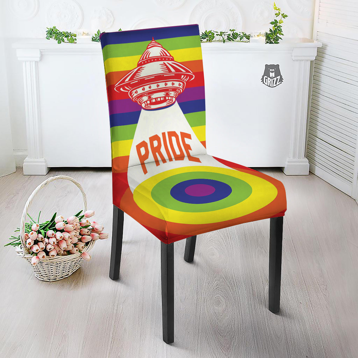 UFO LGBT Pride Rainbow Print Dining Chair Slipcover-grizzshop