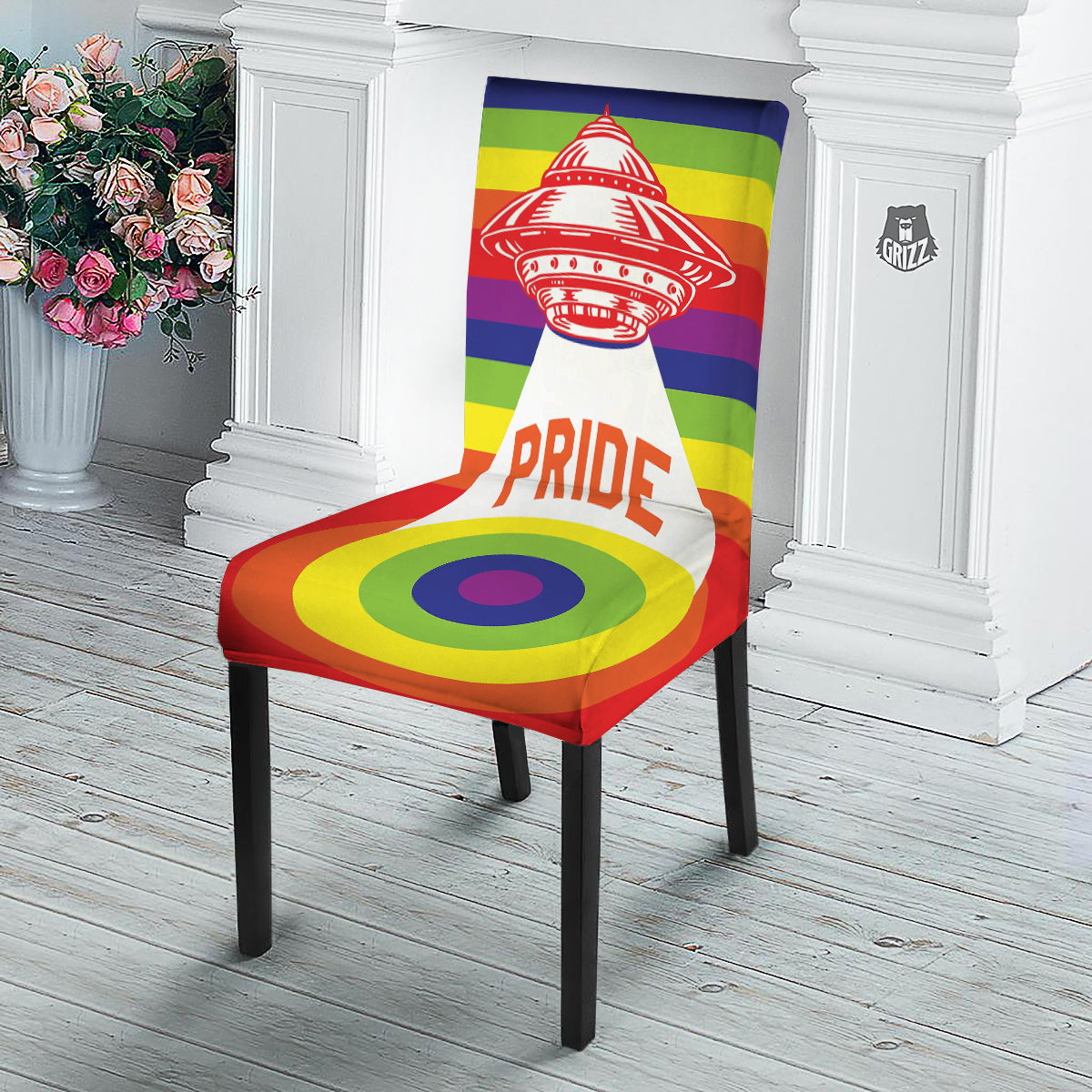 UFO LGBT Pride Rainbow Print Dining Chair Slipcover-grizzshop
