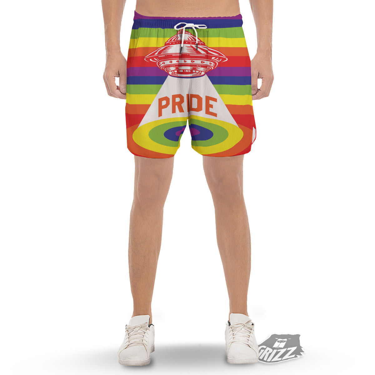 UFO LGBT Pride Rainbow Print Men's Gym Shorts-grizzshop