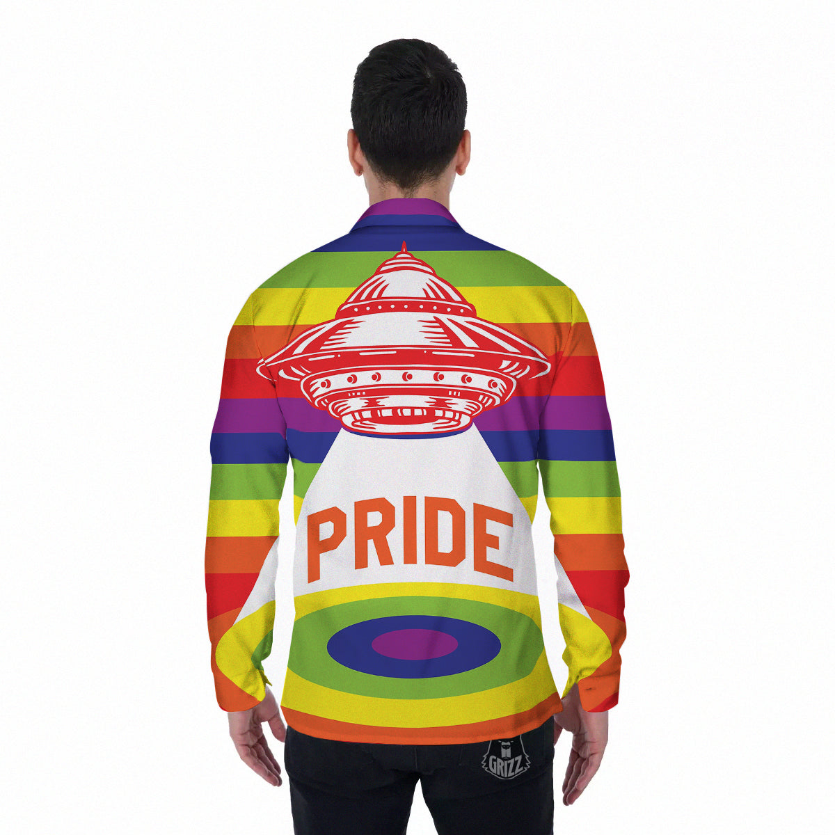 UFO LGBT Pride Rainbow Print Men's Long Sleeve Shirts-grizzshop