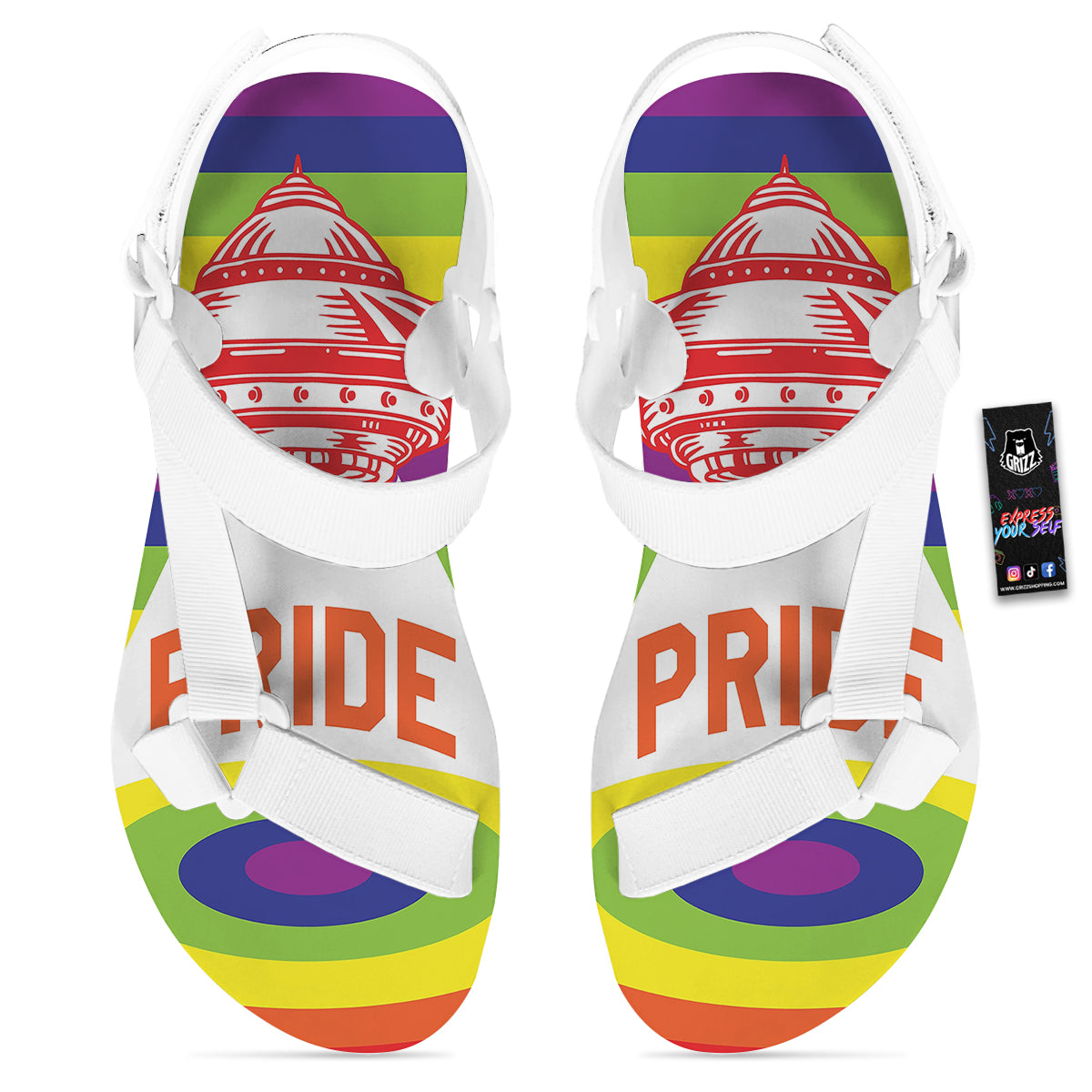 UFO LGBT Pride Rainbow Print White Open Toe Sandals-grizzshop