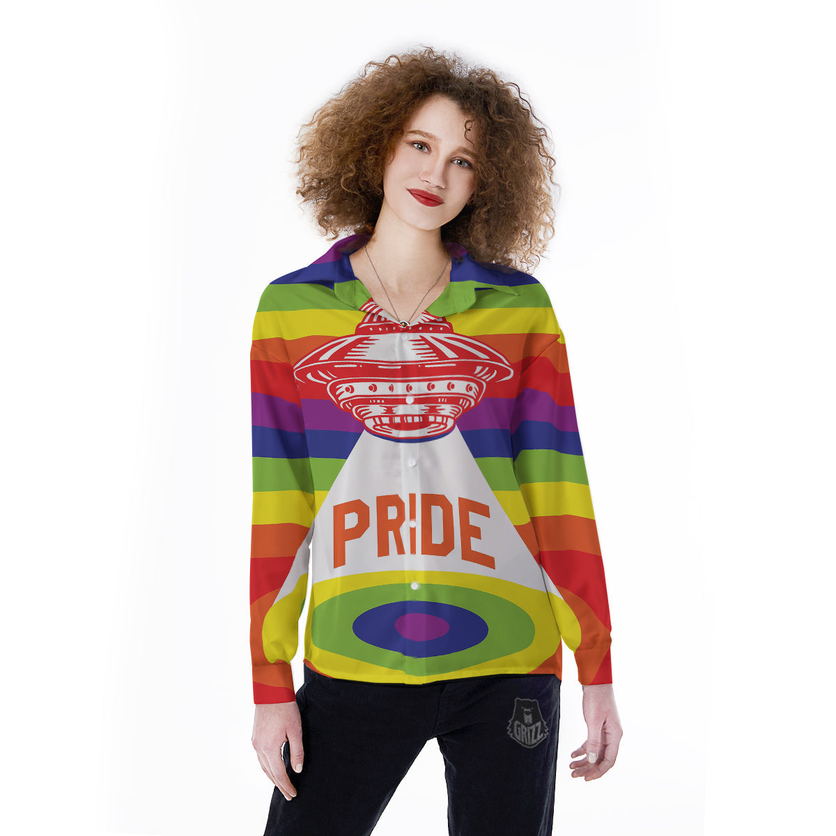 UFO LGBT Pride Rainbow Print Women's Long Sleeve Shirts-grizzshop