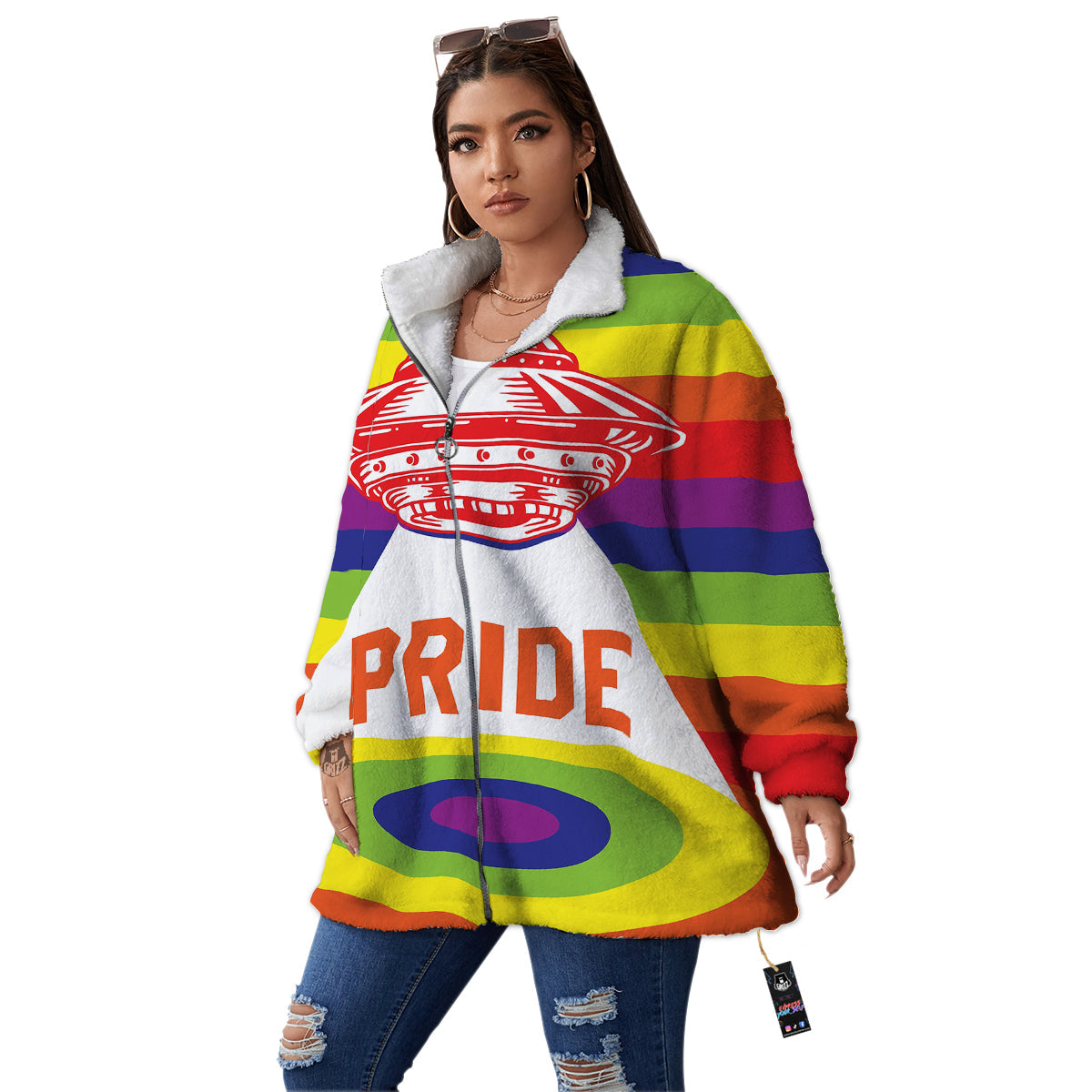 UFO LGBT Pride Rainbow Print Women's Sherpa Jacket-grizzshop