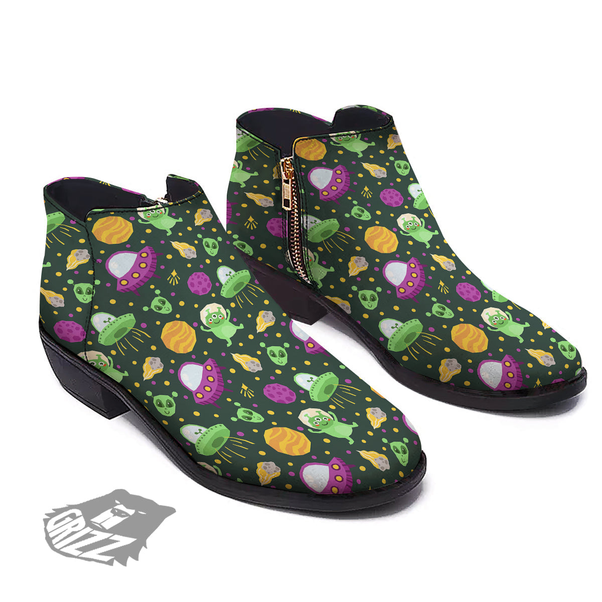 UFO Little Green Alien Print Pattern Ankle Boots-grizzshop