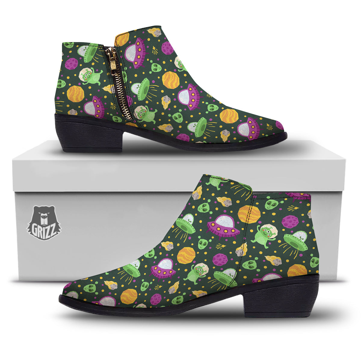 UFO Little Green Alien Print Pattern Ankle Boots-grizzshop