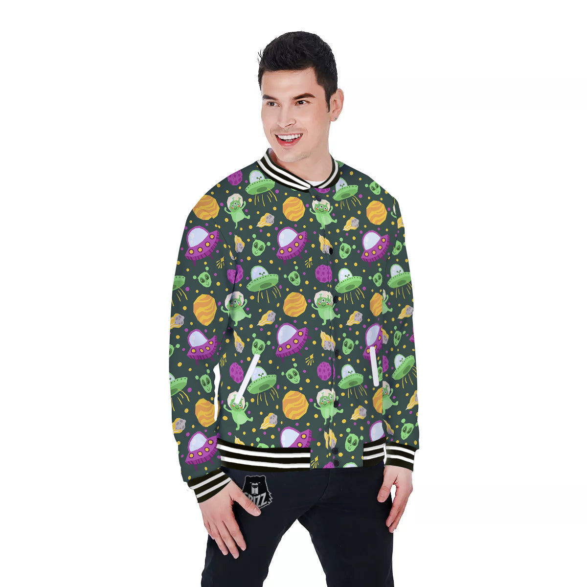 UFO Little Green Alien Print Pattern Baseball Jacket-grizzshop
