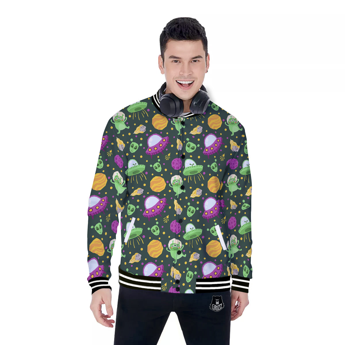 UFO Little Green Alien Print Pattern Baseball Jacket-grizzshop