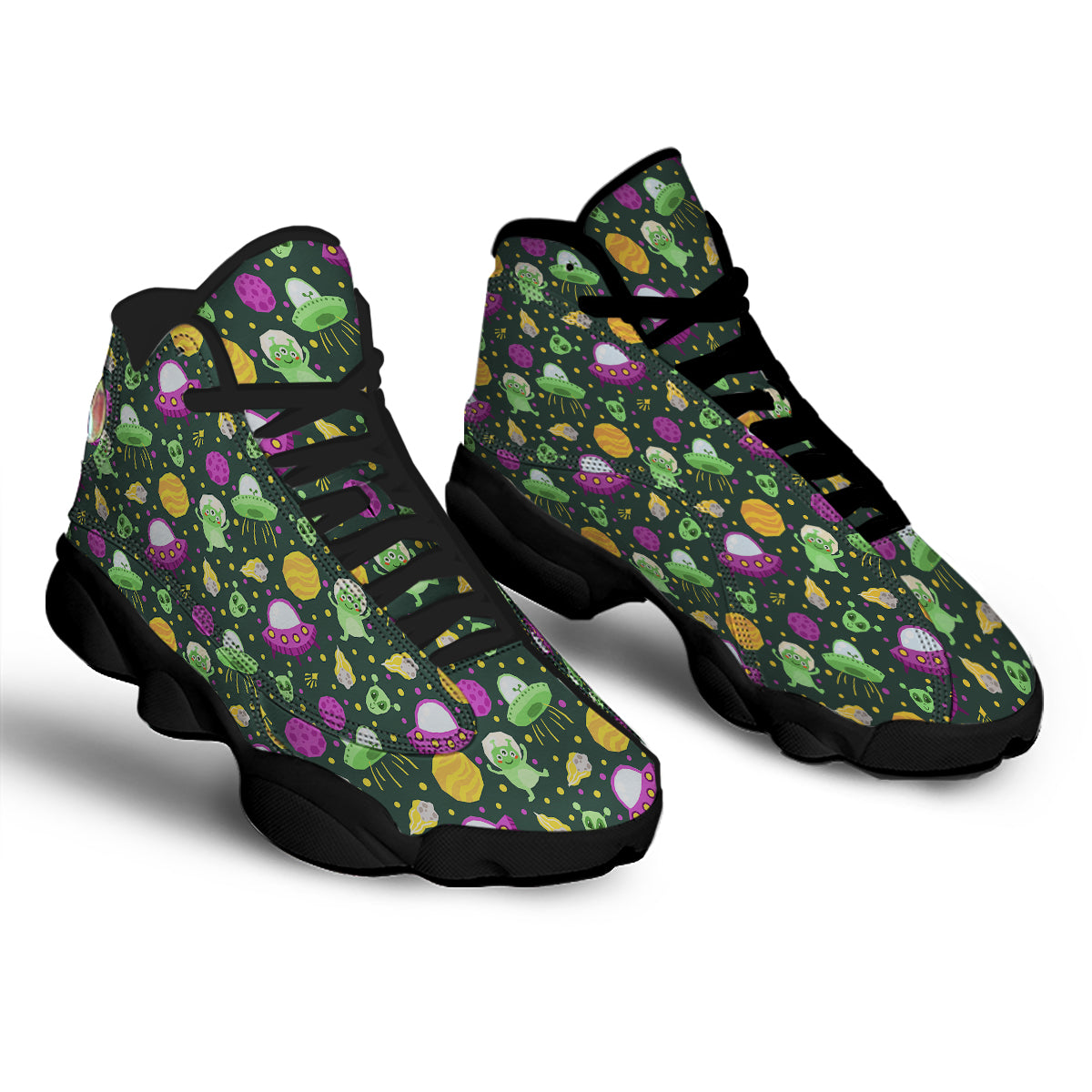 UFO Little Green Alien Print Pattern Black Basketball Shoes-grizzshop