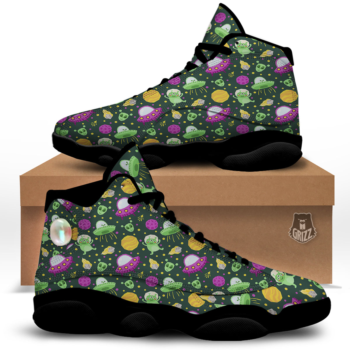 UFO Little Green Alien Print Pattern Black Basketball Shoes-grizzshop