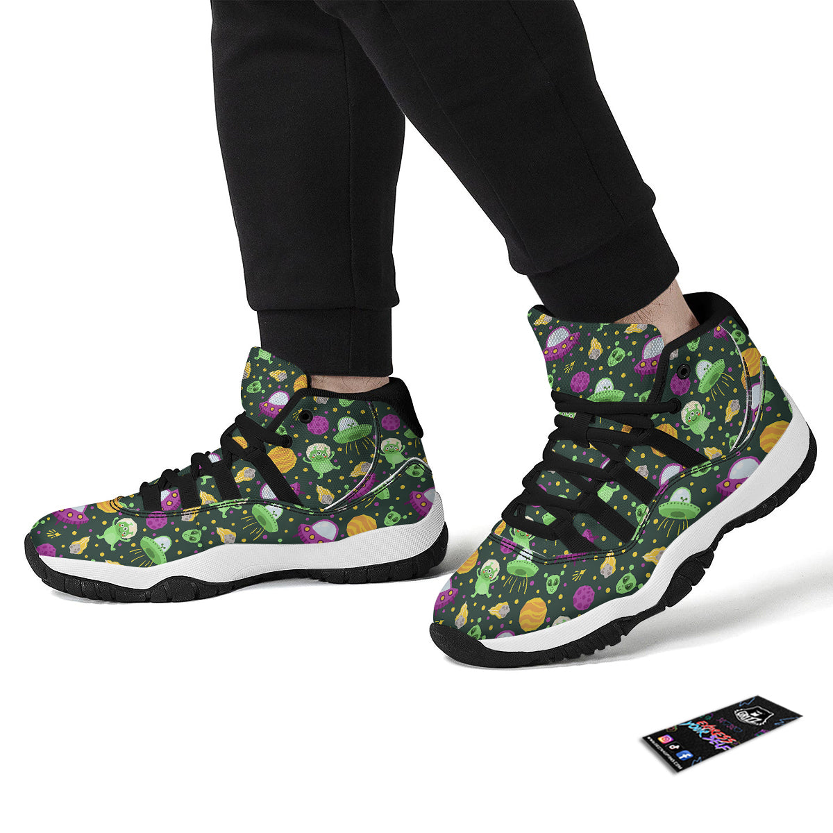 UFO Little Green Alien Print Pattern Black Bball Shoes-grizzshop