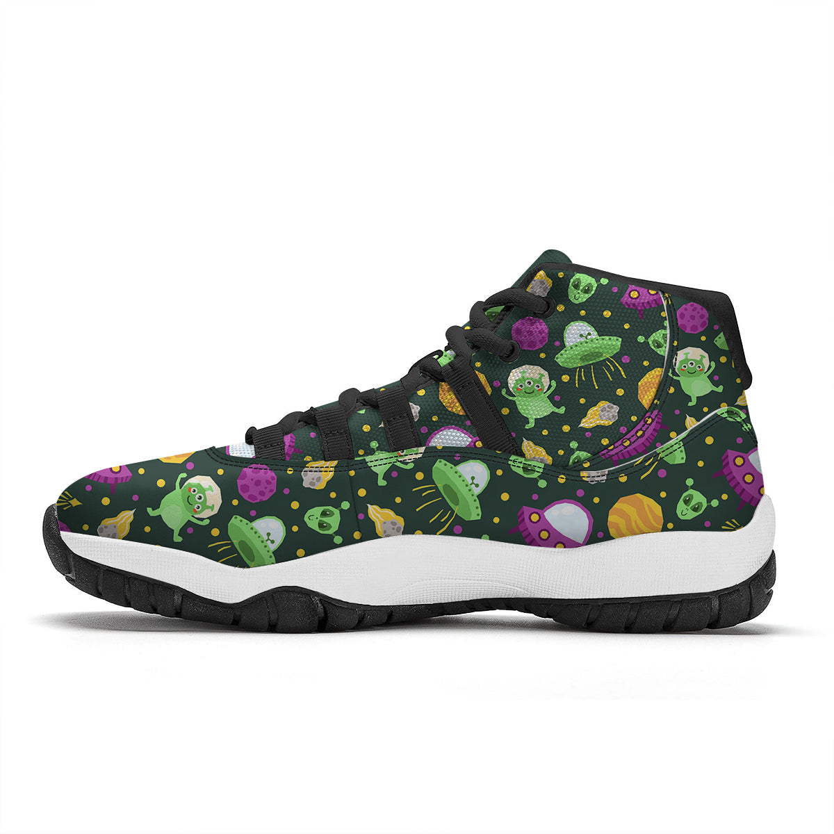UFO Little Green Alien Print Pattern Black Bball Shoes-grizzshop