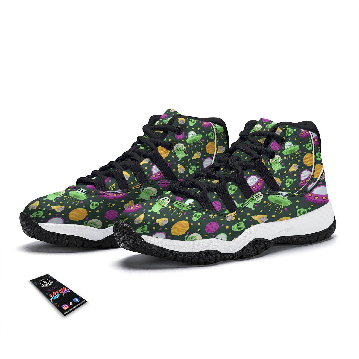 UFO Little Green Alien Print Pattern Black Bball Shoes-grizzshop