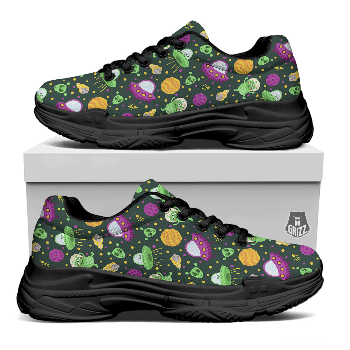 UFO Little Green Alien Print Pattern Black Chunky Shoes-grizzshop
