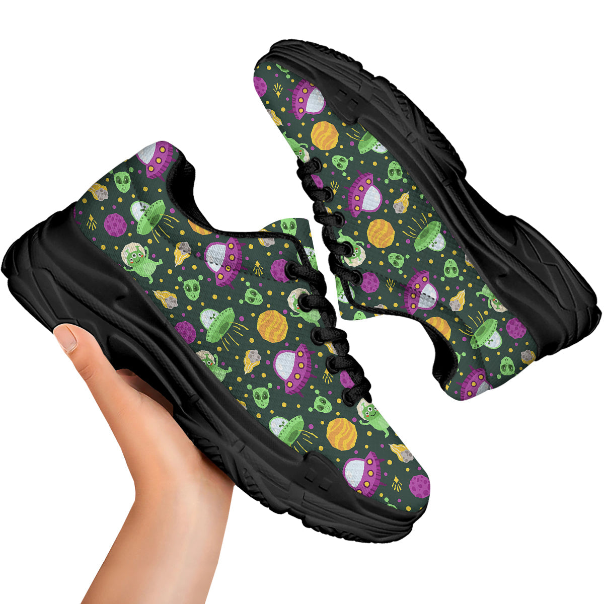 UFO Little Green Alien Print Pattern Black Chunky Shoes-grizzshop