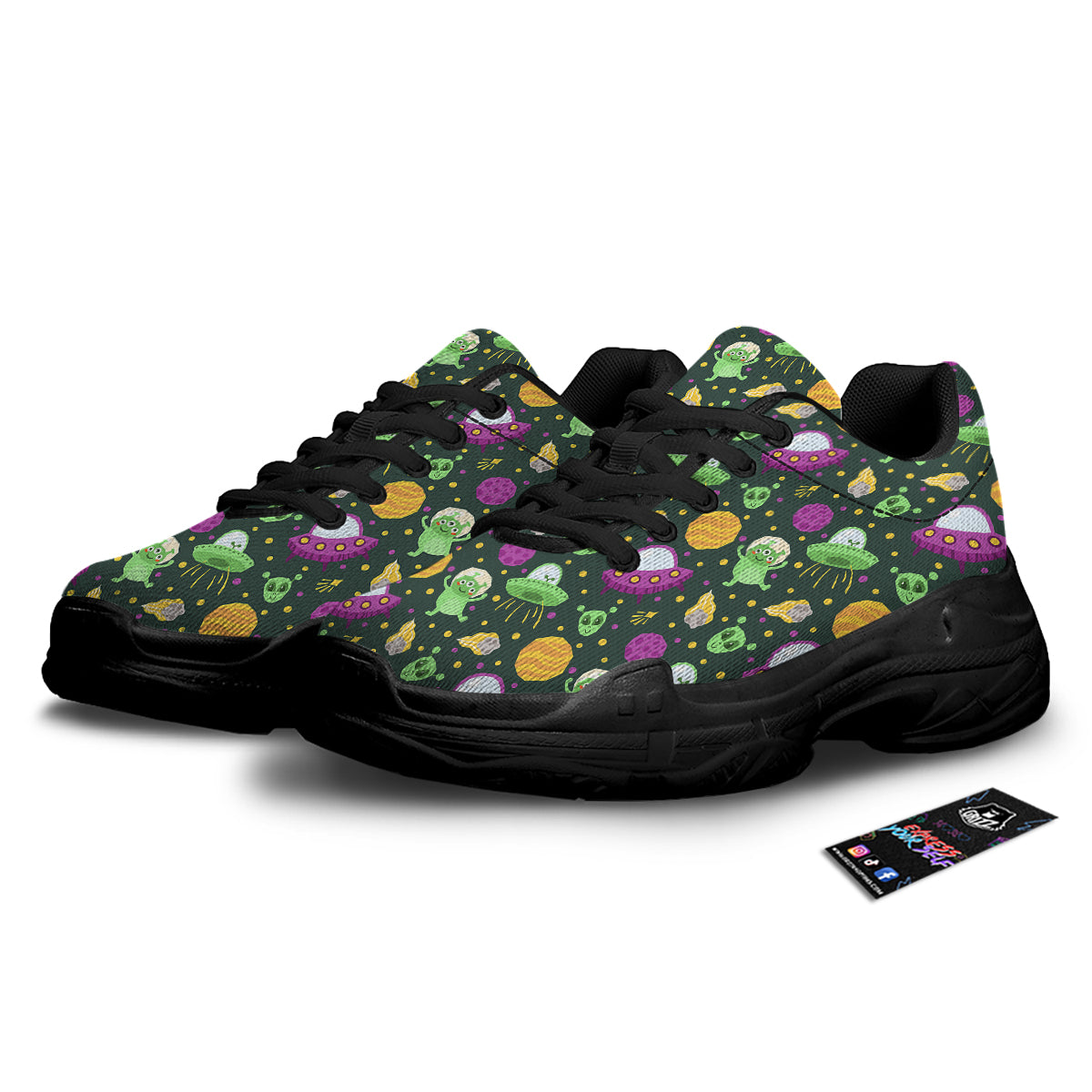 UFO Little Green Alien Print Pattern Black Chunky Shoes-grizzshop