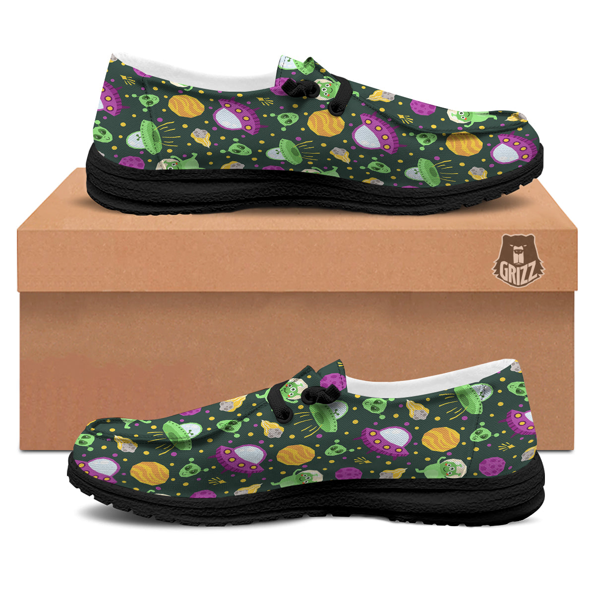 UFO Little Green Alien Print Pattern Black Loafers-grizzshop