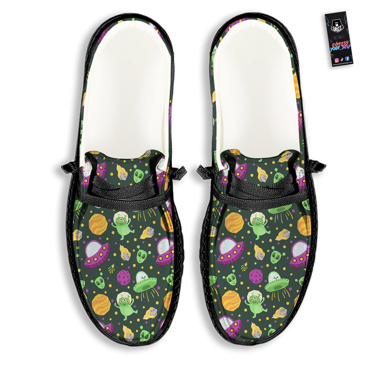 UFO Little Green Alien Print Pattern Black Loafers-grizzshop