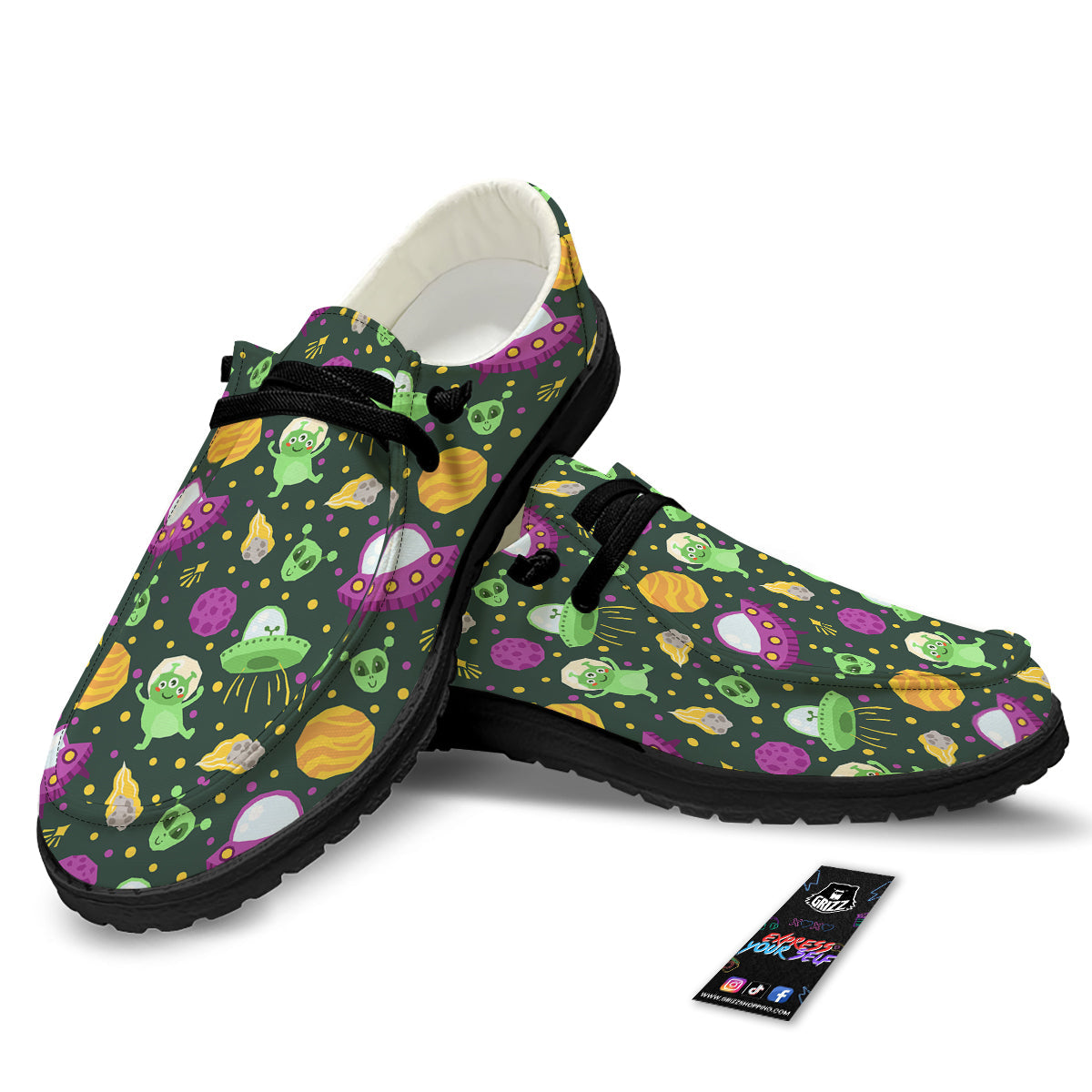 UFO Little Green Alien Print Pattern Black Loafers-grizzshop