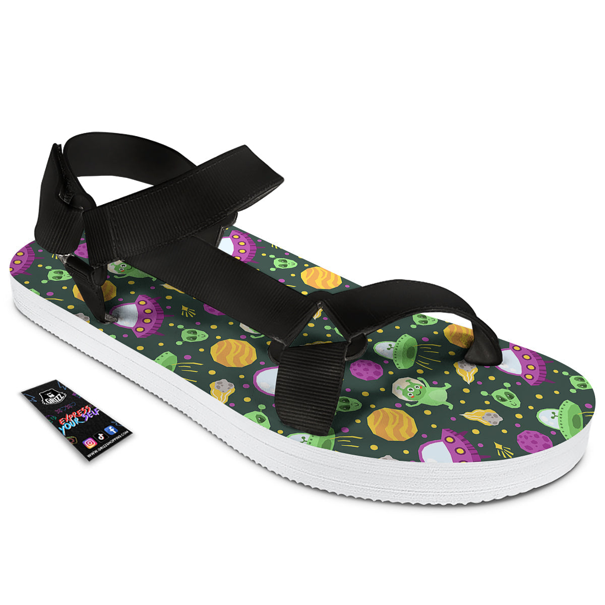 UFO Little Green Alien Print Pattern Black Open Toe Sandals-grizzshop