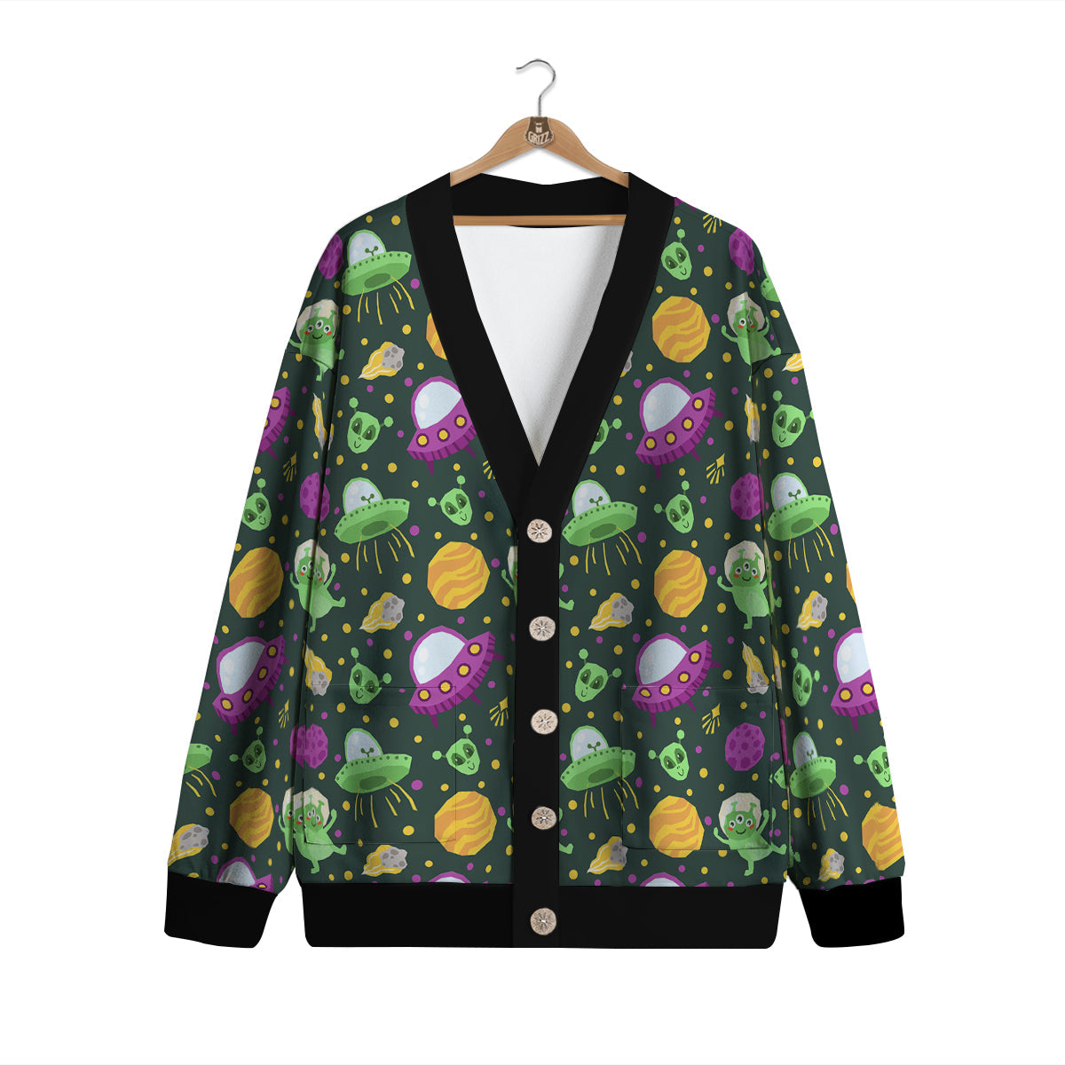 UFO Little Green Alien Print Pattern Cardigan-grizzshop